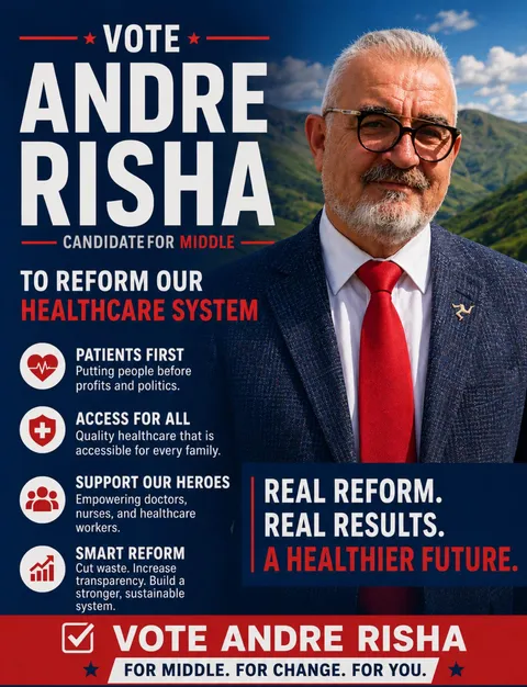 Campaign flyer: Vote Andre Risha, Candidate for Middle, to reform our healthcare system — Patients First, Access for All, Support Our Heroes, Smart Reform