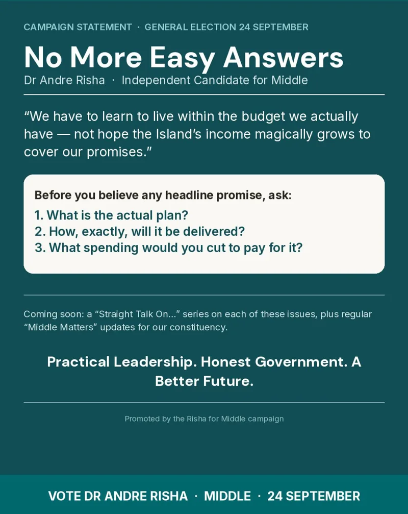 Campaign statement graphic: No More Easy Answers — Dr Andre Risha, Independent Candidate for Middle